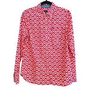 Talbots Red White Teardrop Print Button Down Shirt Dragonfly Size 10 Womens